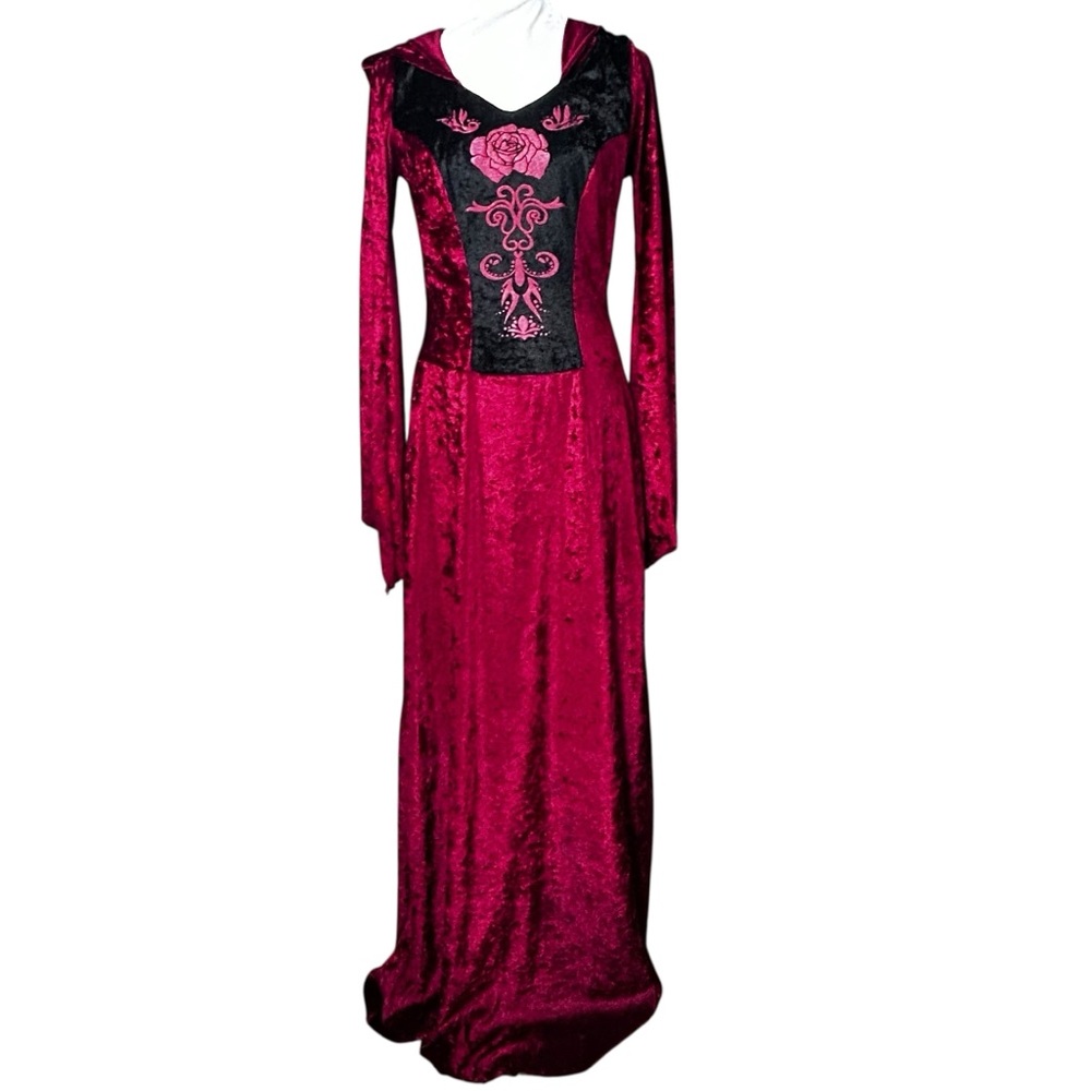 Halloween Crushed Velvet Renaissance Dress M Hooded Medieval Trumpet Sleeves